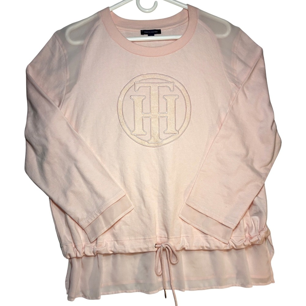 Tommy Hilfiger Womens Pink Logo Sweatshirt XL Lace Monogram‎ Crewneck Sheer Hem
